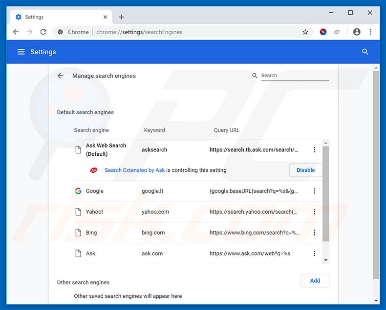 Removing hp.myway.com from Google Chrome default search engine