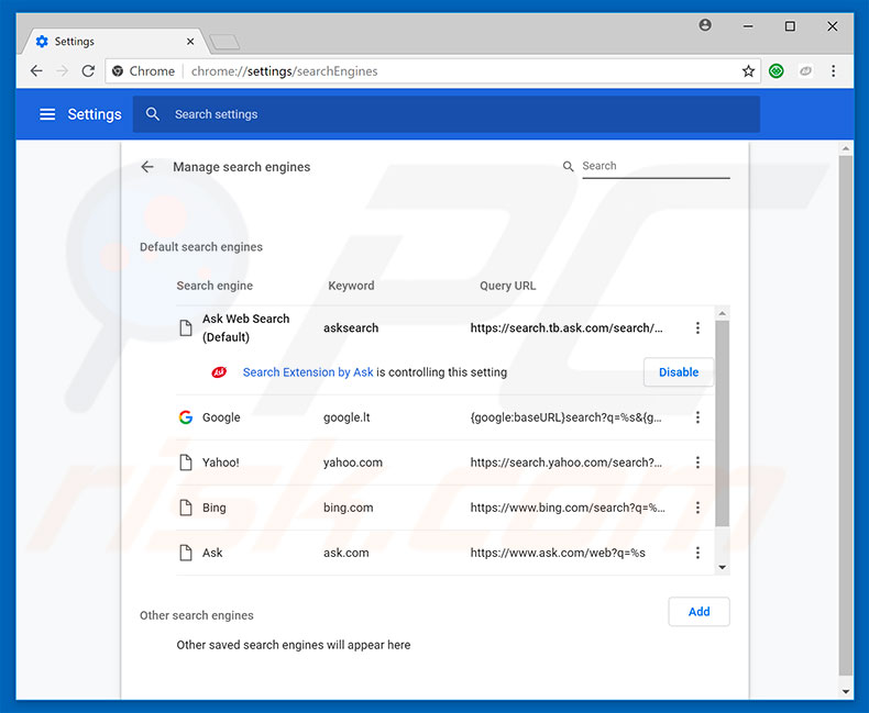 Removing hp.myway.com from Google Chrome default search engine