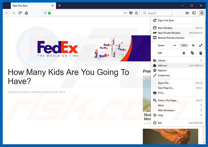 Removing QuizFunWow ads from Mozilla Firefox step 1