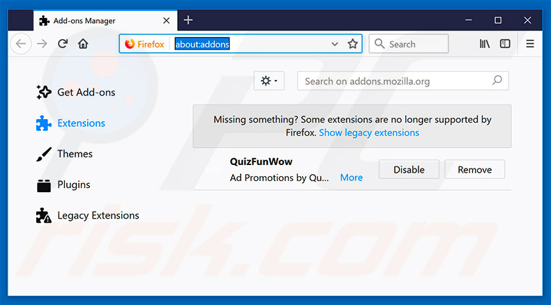 Removing QuizFunWow ads from Mozilla Firefox step 2