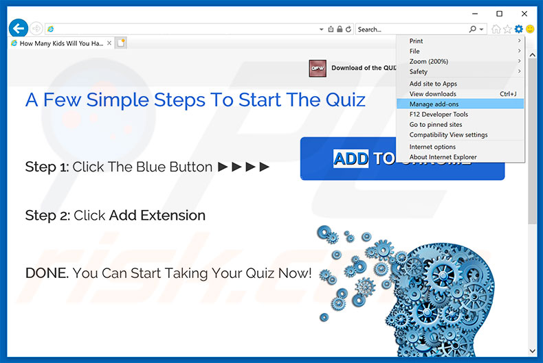 Removing QuizFunWow ads from Internet Explorer step 1
