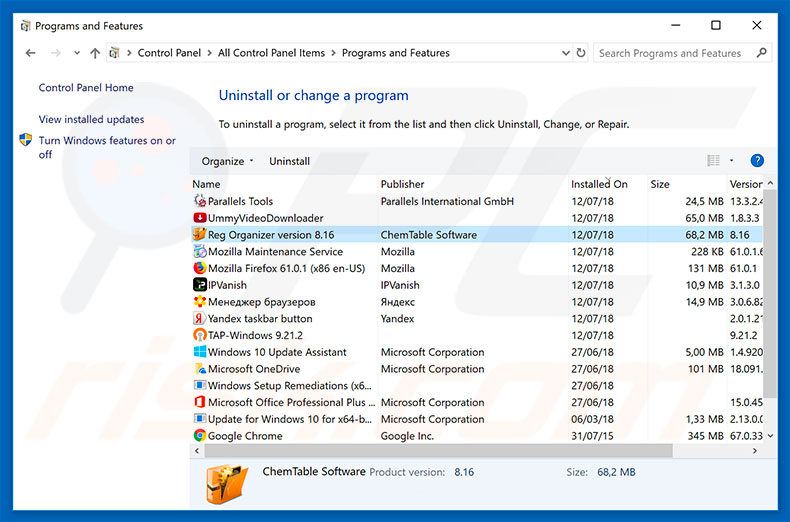 Reg Organizer adware uninstall via Control Panel