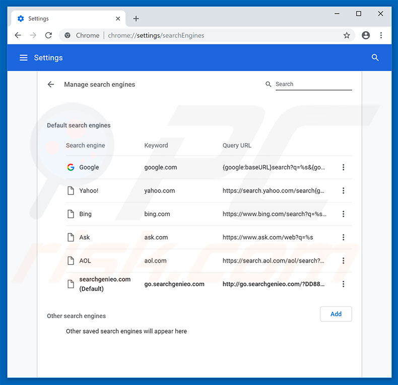 Removing go.searchgenieo.com from Google Chrome default search engine