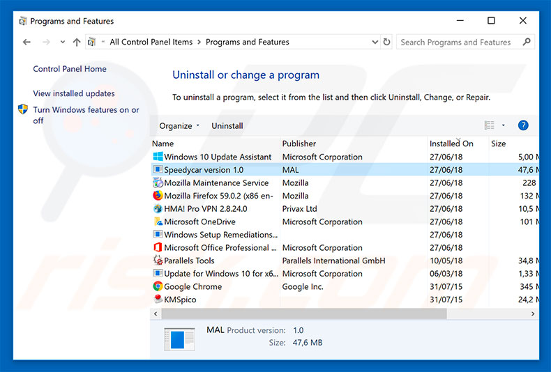 SpeedyCar adware uninstall via Control Panel