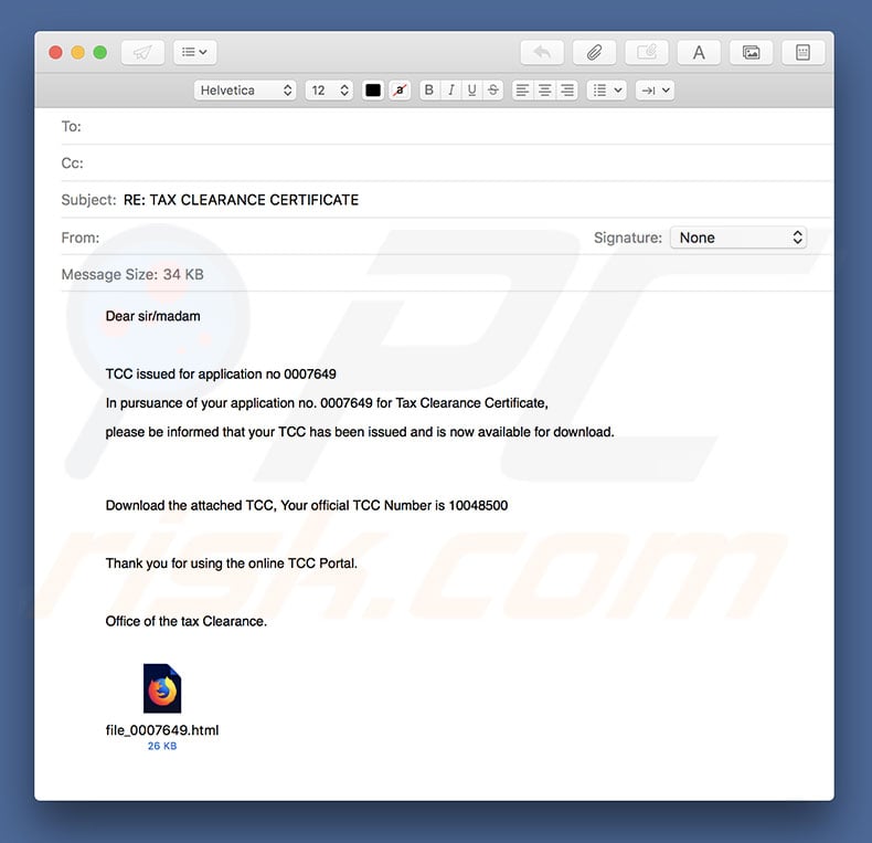 Tax Clearance Certificate Email Virus malware