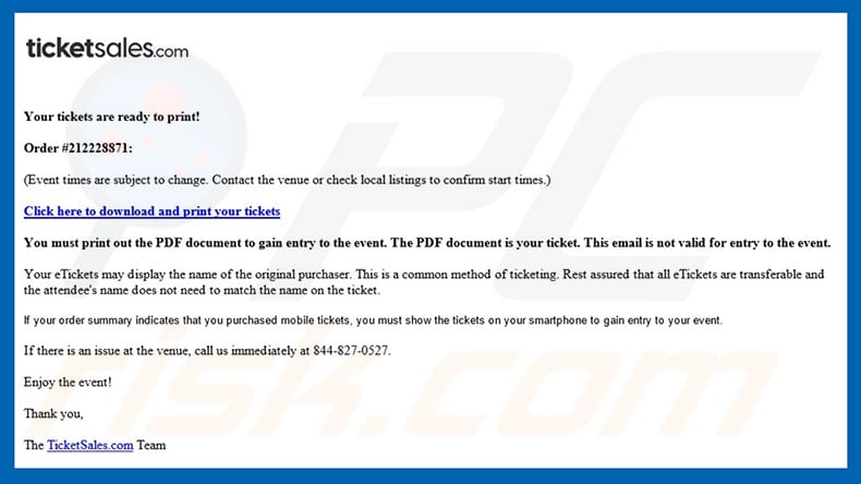 TicketSales Email Virus malware