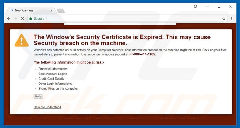 Window's Security Certificate Is Expired scam