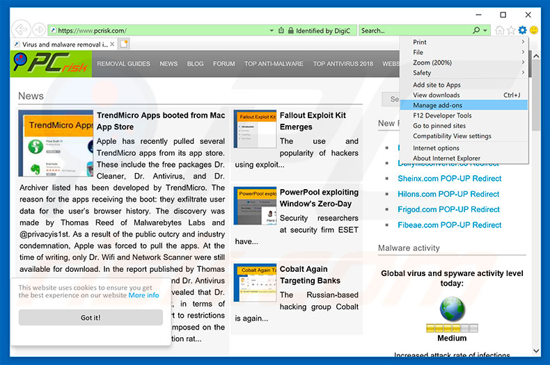 Removing WinVPN ads from Internet Explorer step 1