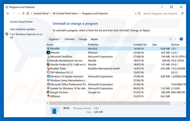 WinVPN adware uninstall via Control Panel