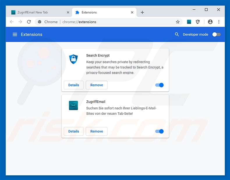 Removing search.zugriffemailnt.com related Google Chrome extensions