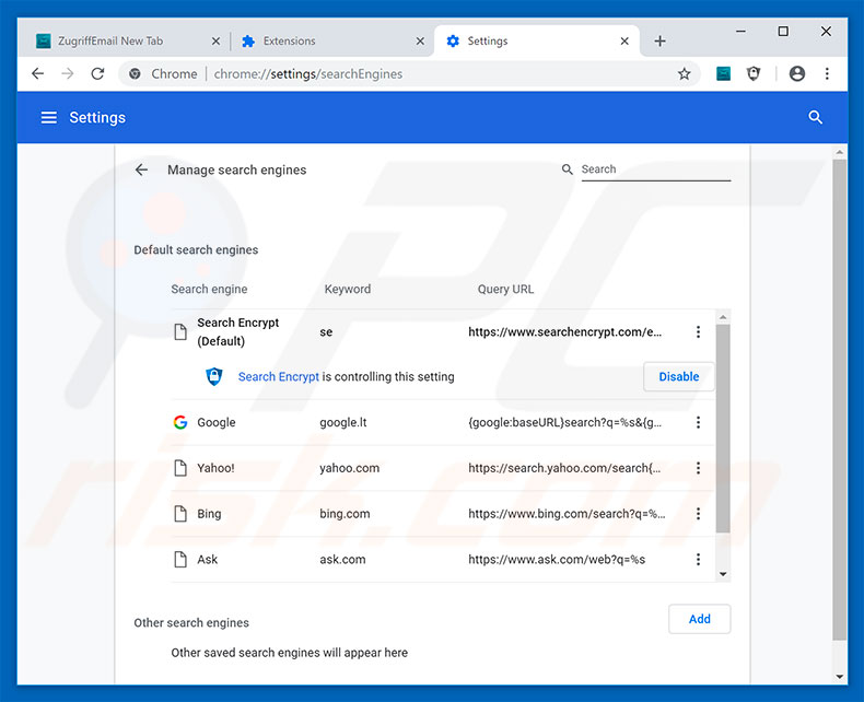 Removing search.zugriffemailnt.com from Google Chrome default search engine