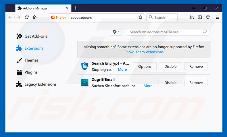Removing search.zugriffemailnt.com related Mozilla Firefox extensions
