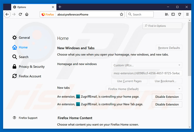 Removing search.zugriffemailnt.com from Mozilla Firefox homepage