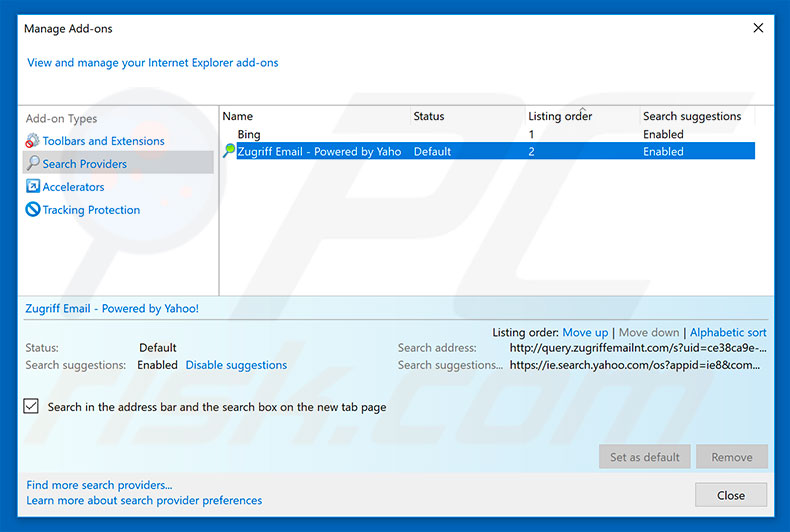 Removing search.zugriffemailnt.com from Internet Explorer default search engine
