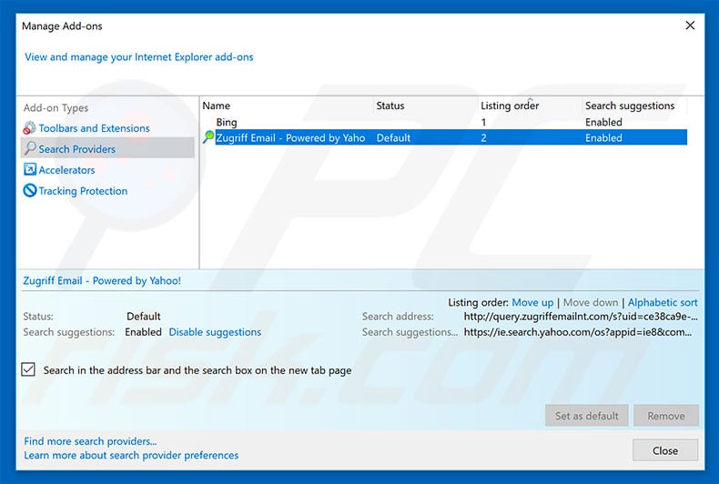 Removing search.zugriffemailnt.com from Internet Explorer default search engine