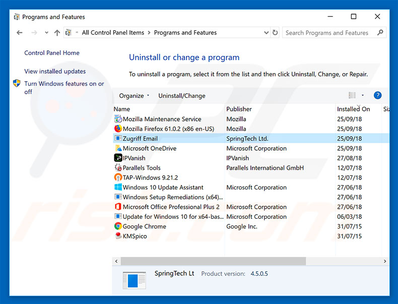 search.zugriffemailnt.com browser hijacker uninstall via Control Panel