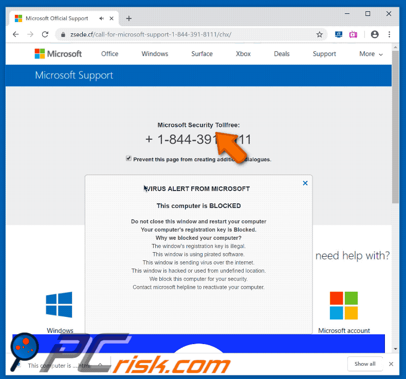 Microsoft Security Tollfree scam gif