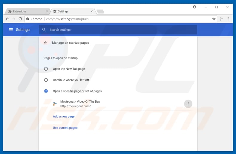 Removing feed.moviegoat.com from Google Chrome homepage