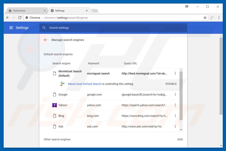 Removing feed.moviegoat.com from Google Chrome default search engine