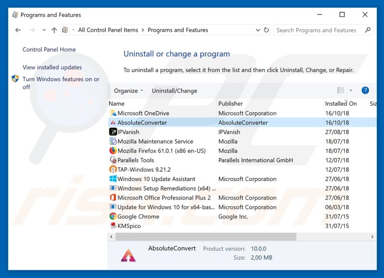 AbsoluteConverter adware uninstall via Control Panel