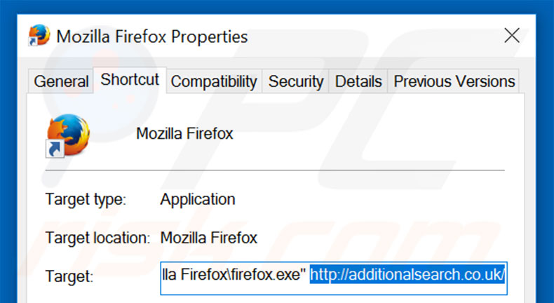 Removing additionalsearch.co.uk from Mozilla Firefox shortcut target step 2