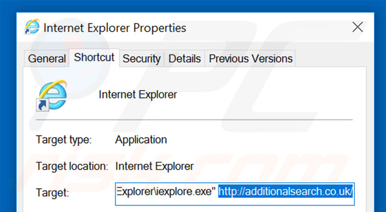 Removing additionalsearch.co.uk from Internet Explorer shortcut target step 2