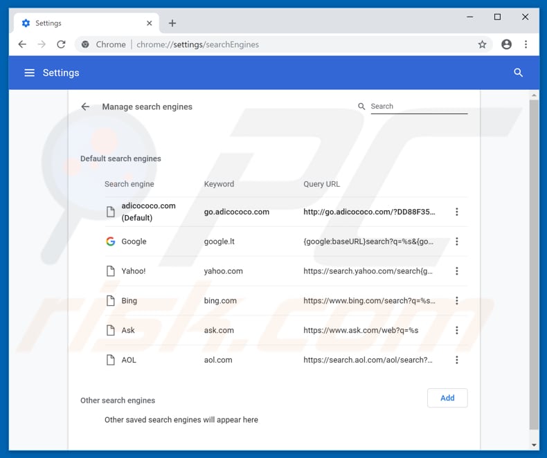 Removing go.adicococo.com from Google Chrome default search engine