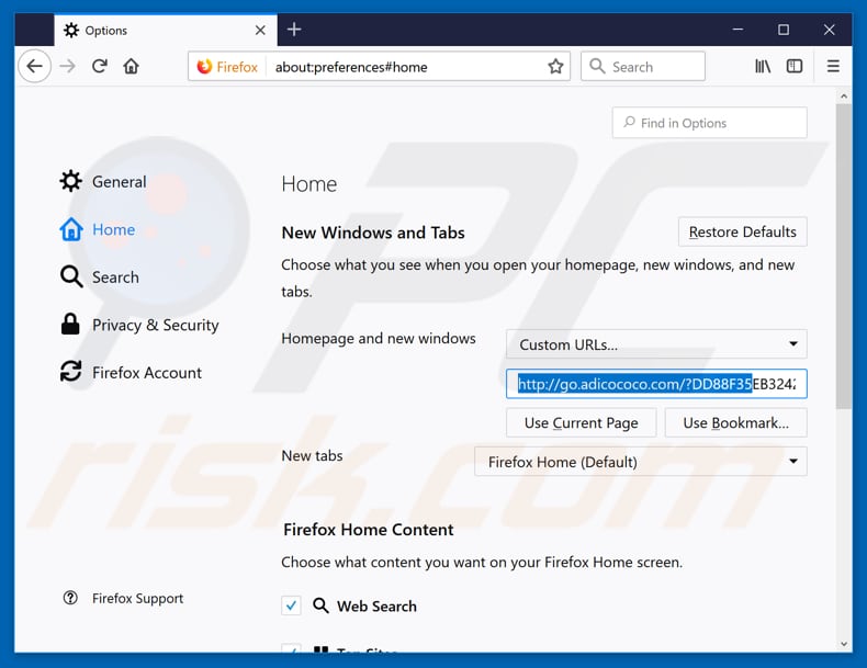 Removing go.adicococo.com from Mozilla Firefox homepage