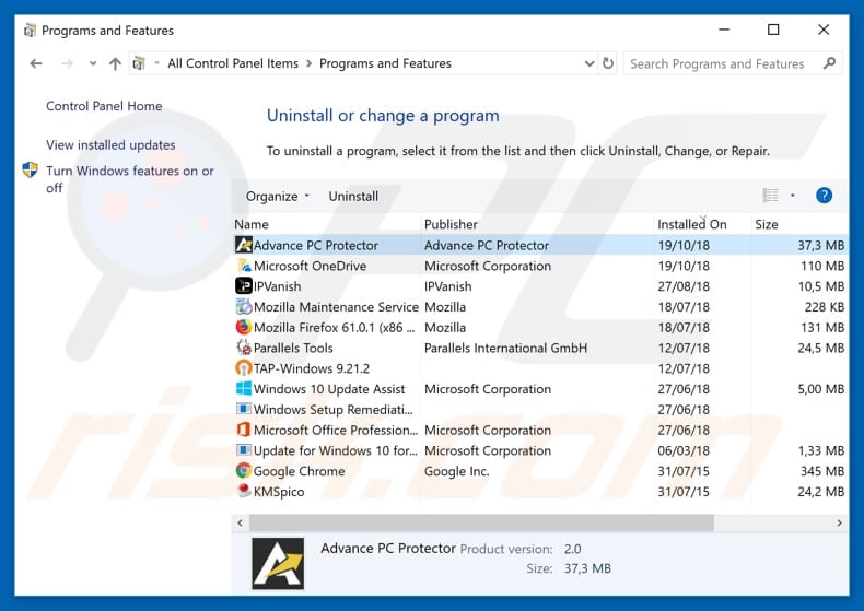 Advance PC Protector adware uninstall via Control Panel