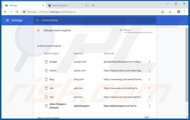 Removing alphashoppers.co from Google Chrome default search engine