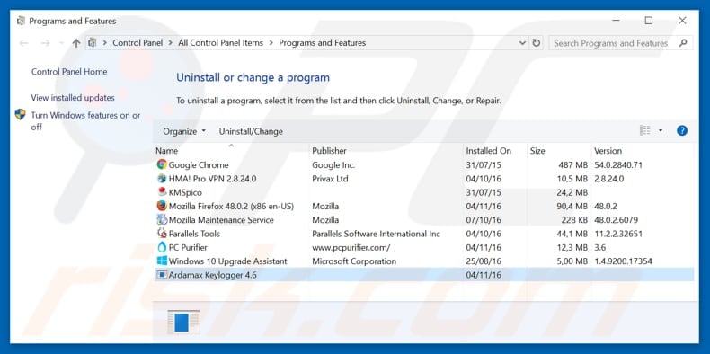 Ardamax adware uninstall via Control Panel