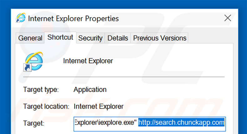 Removing search.chunckapp.com from Internet Explorer shortcut target step 2