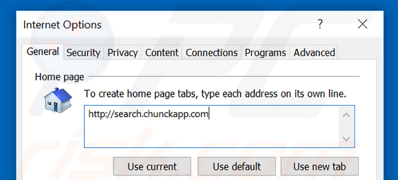 Removing search.chunckapp.com from Internet Explorer homepage