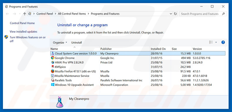 Cloud System Care adware uninstall via Control Panel