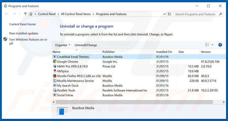 CreatiMail adware uninstall via Control Panel