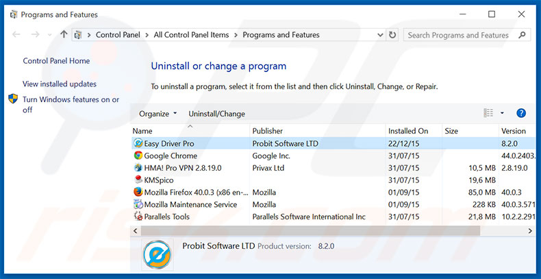 Easy Driver Pro adware uninstall via Control Panel