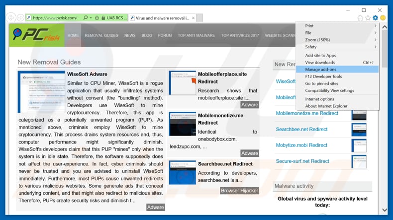 Removing eroadvertising.com ads from Internet Explorer step 1