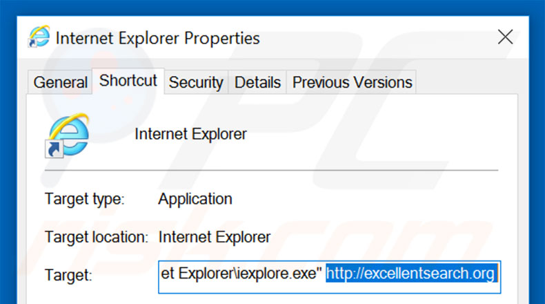 Removing excellentsearch.org from Internet Explorer shortcut target step 2