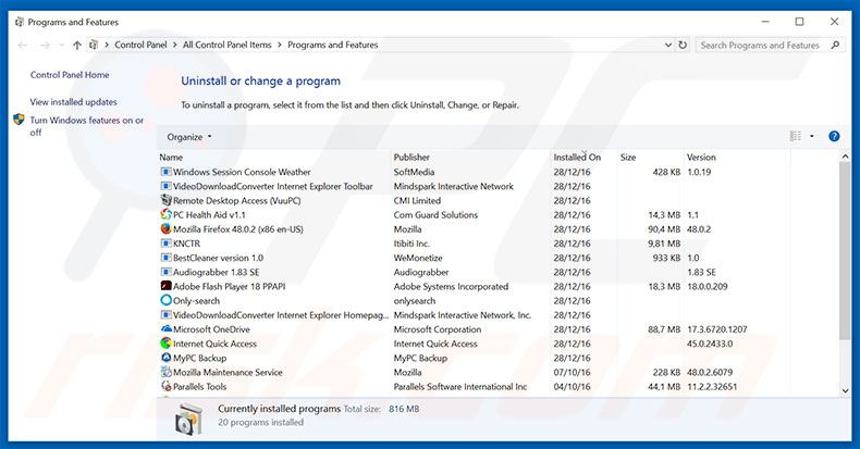 excellentsearch.org browser hijacker uninstall via Control Panel