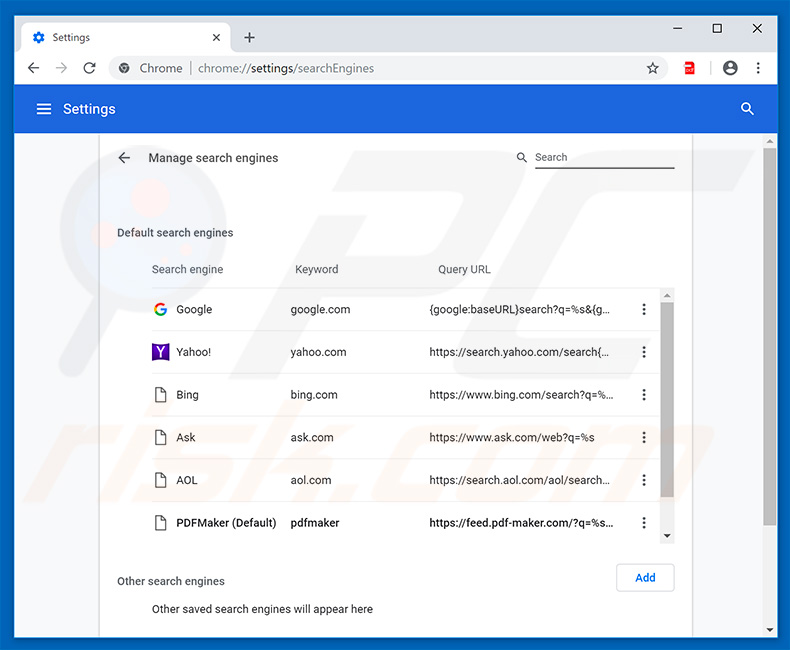 Removing feed.pdf-maker.com from Google Chrome default search engine