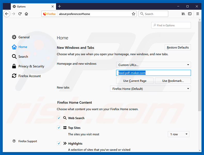 Removing feed.pdf-maker.com from Mozilla Firefox homepage