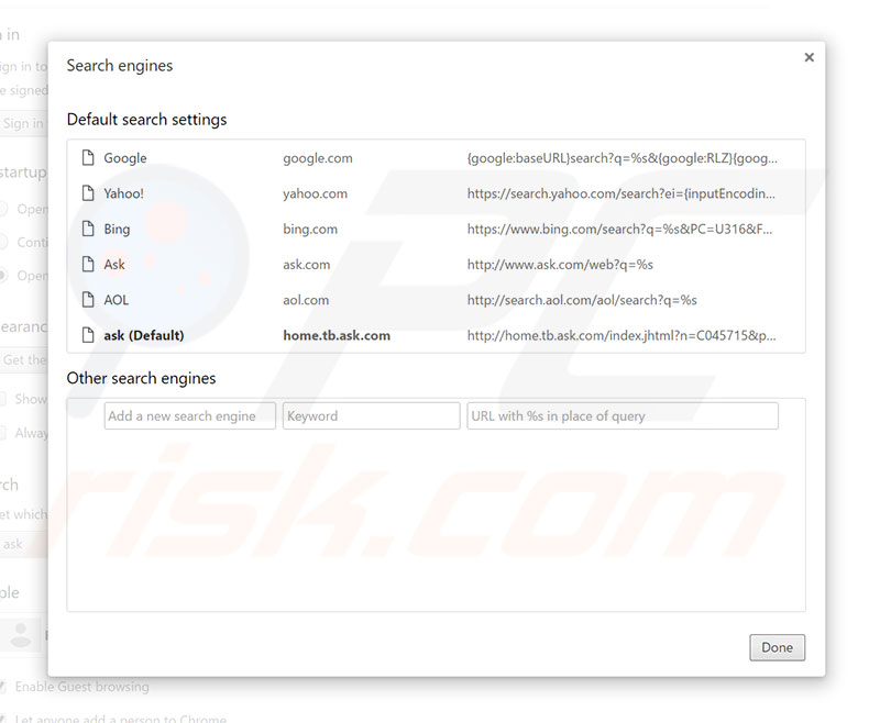 Removing home.tb.ask.com from Google Chrome default search engine
