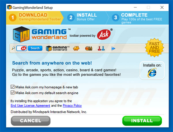 Official GamingWonderland browser hijacker installation setup