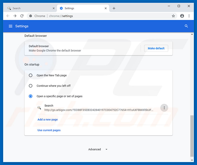 Removing go.arbigov.com from Google Chrome homepage