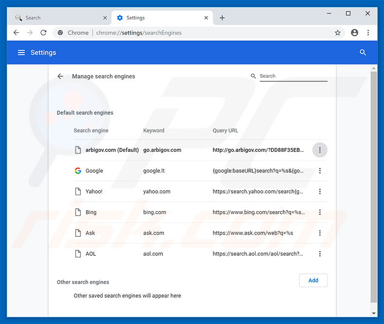 Removing go.arbigov.com from Google Chrome default search engine