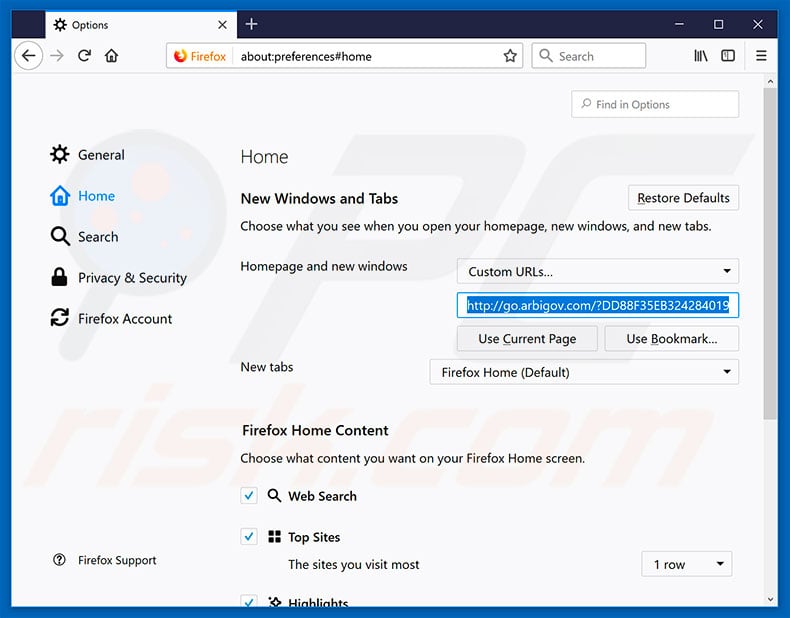 Removing go.arbigov.com from Mozilla Firefox homepage