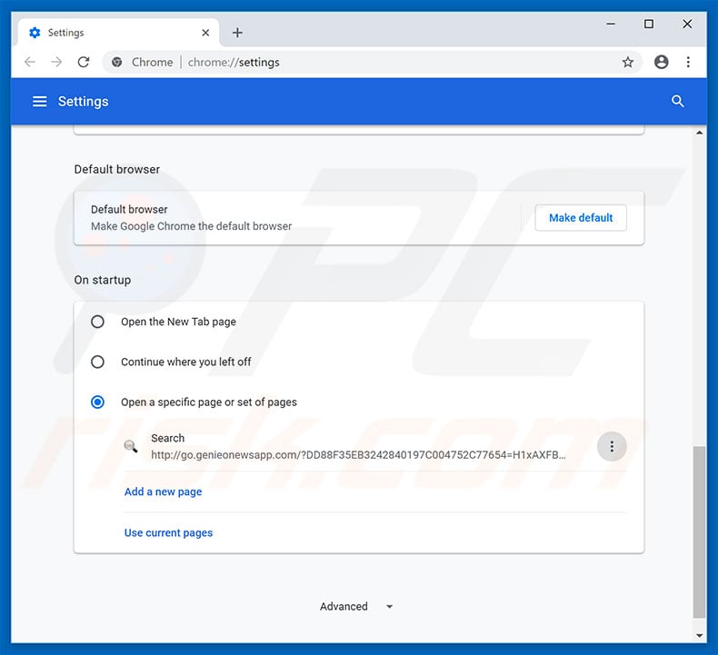 Removing go.genieonewsapp.com from Google Chrome homepage