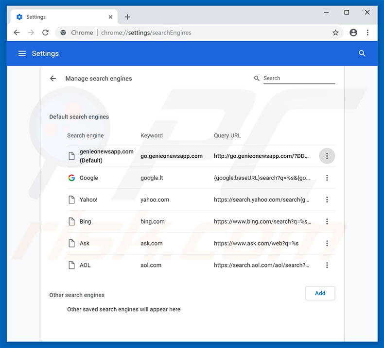 Removing go.genieonewsapp.com from Google Chrome default search engine