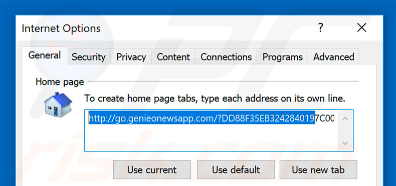 Removing go.genieonewsapp.com from Internet Explorer homepage