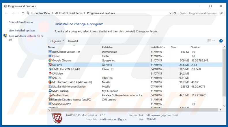 GoPcPro adware uninstall via Control Panel